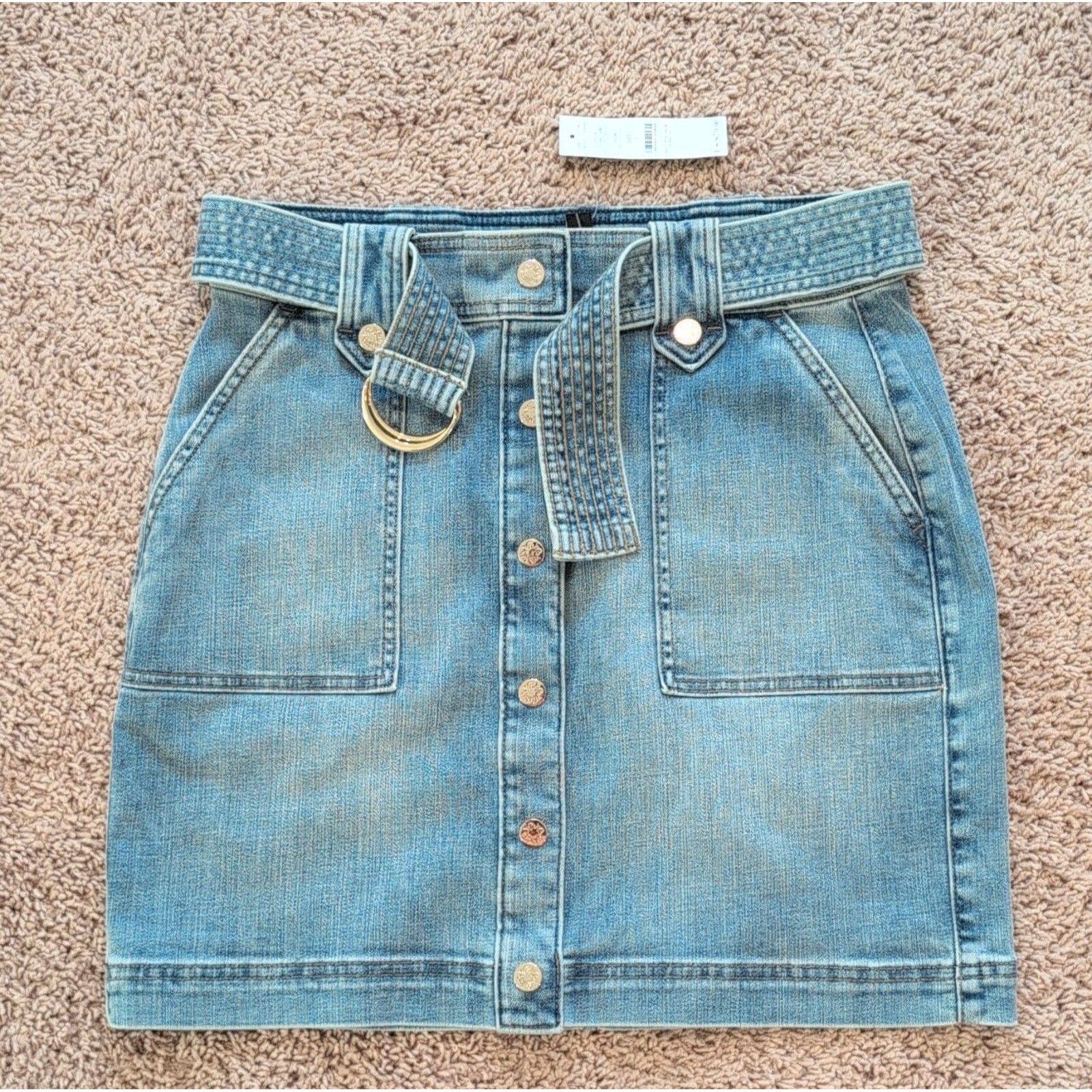 White House Black Market Denim Utility A-Line Skirt Blue Belt Pockets Size 4